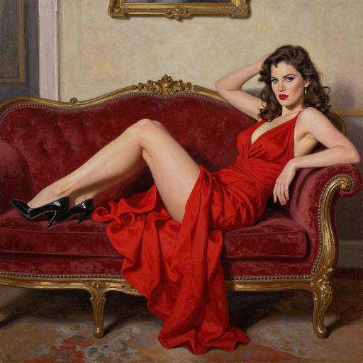 Photograph of a glamorous woman with dark curly hair, red dress, black heels, reclining on a red velvet, gold-framed sofa.