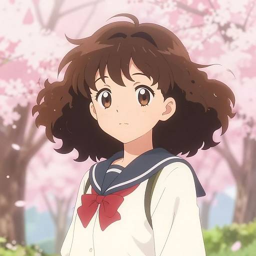 Anime-style digital drawing of a young girl with curly brown hair, wearing a white sailor uniform with a red bow, standing in front of blooming cherry