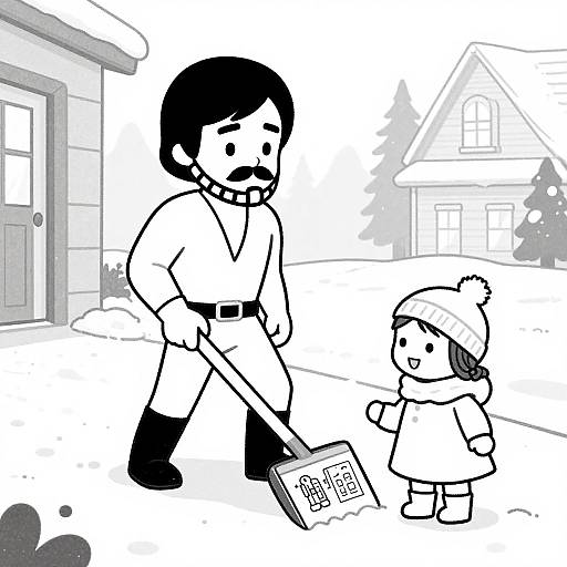 Black-and-white cartoon: bearded man with mustache shovels snow, small child in winter hat and coat stands nearby, snowy house background.