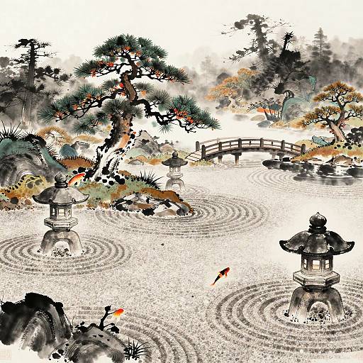 Tranquil Japanese Garden Sumi-e Painting