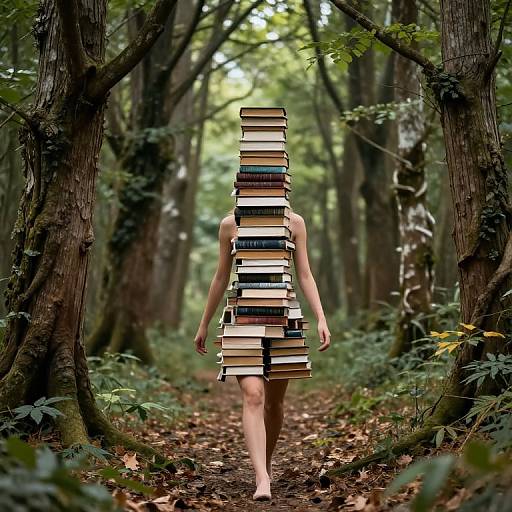 Woman Made of Books Walking in Forest