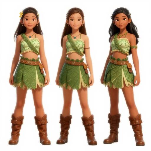 Digital illustration of three young Native American girls with tan skin, dark brown hair, wearing green leafy tops, skirts, brown belts, and boots,