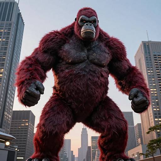 CGI image of a muscular, red-furred gorilla with black facial markings, standing in a cityscape with tall buildings at dusk.