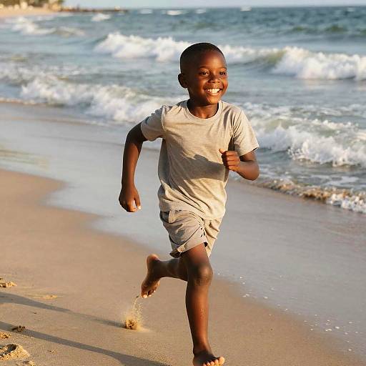 Photograph of a smiling young Black boy in a white t-shirt and shorts, running joyfully along a sunny beach with waves in the background.