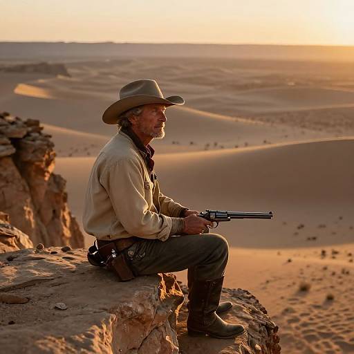 Older man in cowboy hat and beige shirt, sitting on desert cliff, holding revolver, overlooking vast golden sand dunes at sunset. Photographic image