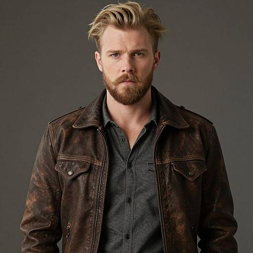 Photograph of a serious, handsome, bearded white man with blonde hair, wearing a dark leather jacket over a gray button-up shirt, against a