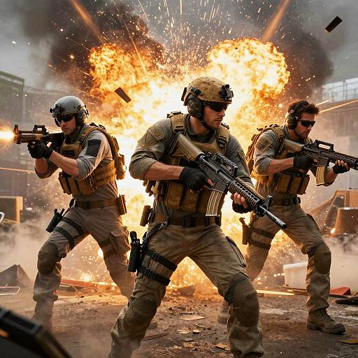 Tactical Military Team in Firefight with Explosion