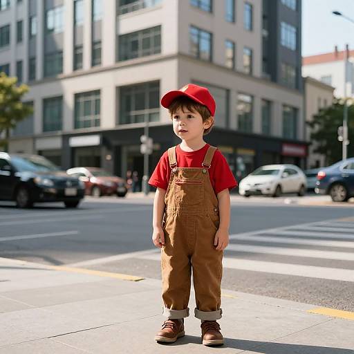 Curious Boy on Busy City Street