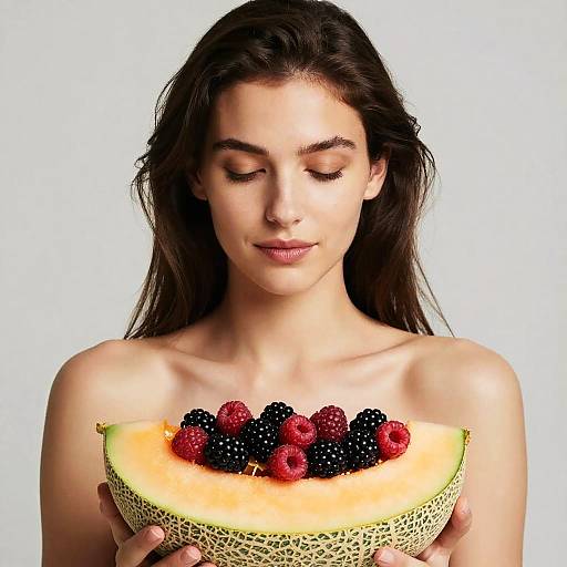 Photograph of a young woman with long dark hair, light skin, and closed eyes, holding a halved cantaloupe filled with blackberries