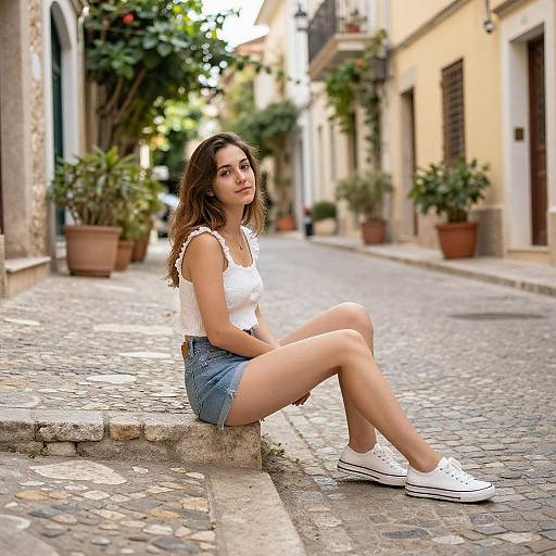 Photograph of a young woman with wavy brown hair, wearing a white crop top and denim shorts, sitting on a cobblestone street in a