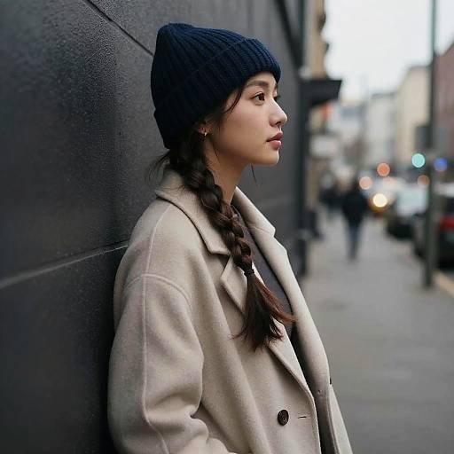 Photograph of a young woman with fair skin and dark hair in a braid, wearing a navy knit beanie and beige coat, standing against a