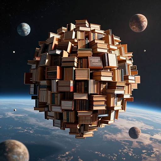 Digital artwork of a floating, spherical cluster of stacked books in space, with three planets and Earth's atmosphere in the background.