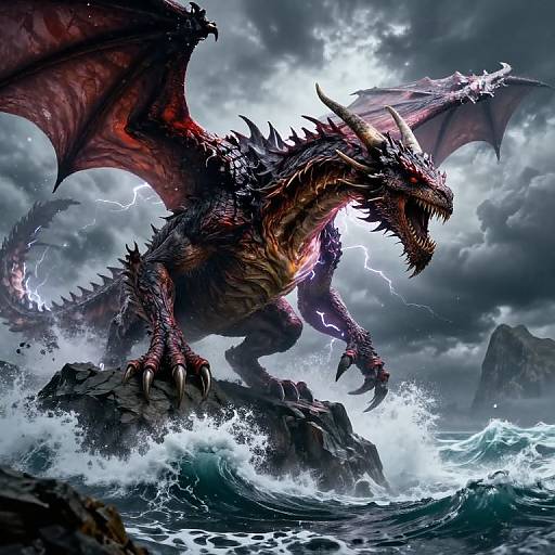 Digital artwork of a fierce, red-scaled dragon with black spines and wings, roaring amidst lightning and crashing waves on rocky cliffs.