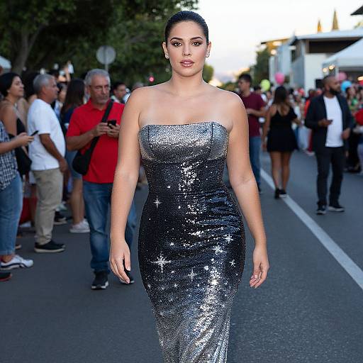 Photograph of a curvy woman with dark hair in an elegant, strapless, silver sequin dress walking confidently on a street, surrounded by a