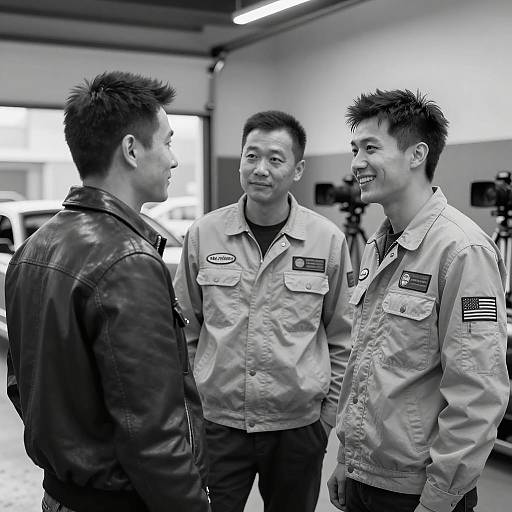 Three Men in Garage: A Black and White Scene
