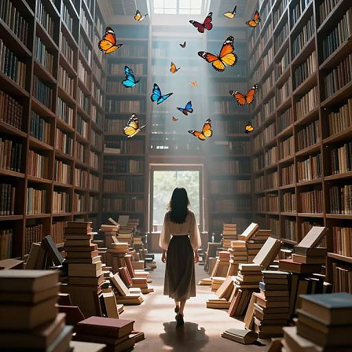 Photograph of a library with tall bookshelves, sunlit window, and colorful butterflies hovering above. A woman with long hair, white top,