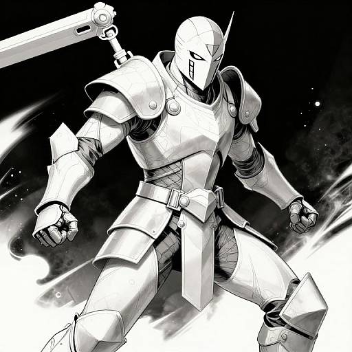 Black-and-white digital manga-style drawing of a armored, helmeted warrior wielding a large sword, standing in a dynamic, powerful stance.