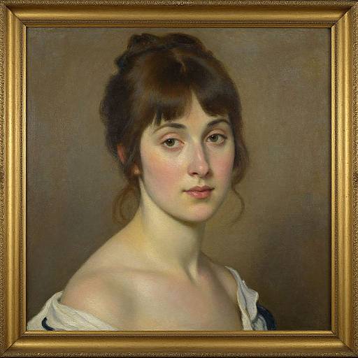 Classical portrait painting of a young woman with fair skin, dark brown hair in a bun, wearing an off-shoulder white blouse, framed in