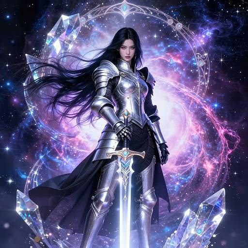 Digital art of a fierce woman with long black hair, wearing silver armor and holding a glowing sword, surrounded by a cosmic, crystal-filled background.