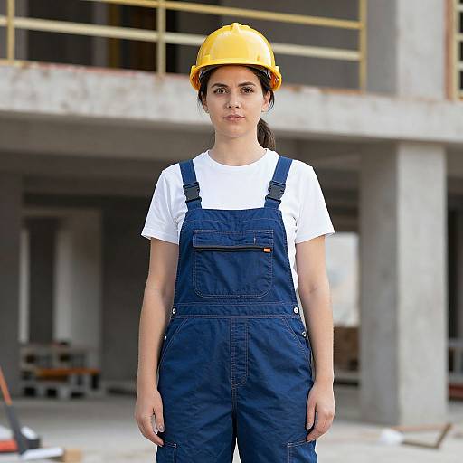 Photograph of a young woman with light skin and dark hair, wearing a yellow hard hat, white t-shirt, and blue overalls, standing in