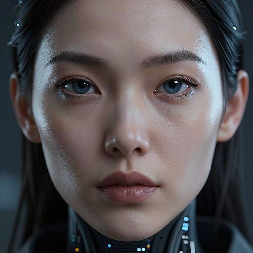 Close-up photograph of an Asian woman with fair skin, blue eyes, and straight black hair, wearing a high-tech, dark-colored collar. Her expression