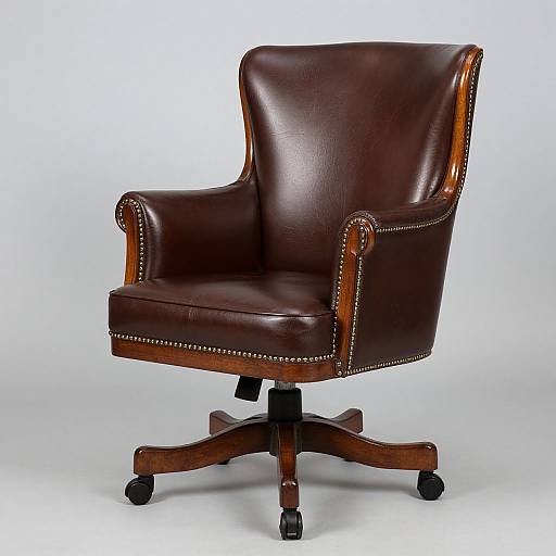 Photograph of a dark brown leather armchair with wooden arms and legs, brass nailhead trim, and black swivel base against a white background.