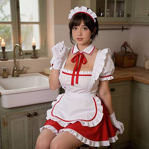 Photograph of an Asian woman in a red and white French maid outfit, white gloves, and headdress, seated by a kitchen sink. Candlelit