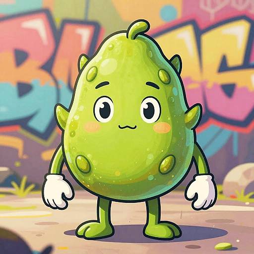 Cartoon green, spiky, round alien with white gloves, standing against colorful graffiti backdrop, smiling with large eyes, blushing cheeks.