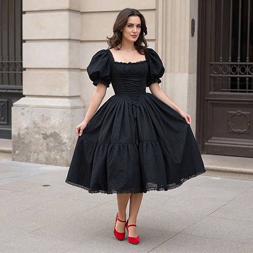 Photograph of a fair-skinned woman with wavy brown hair, wearing a black puffed-sleeve dress, red heels, and a confident