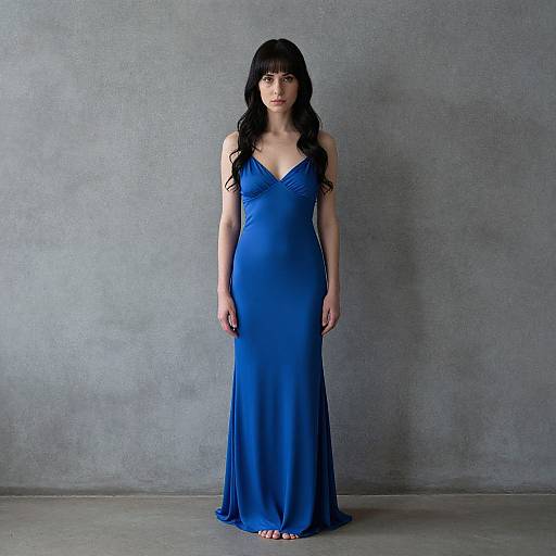 Photograph of a pale-skinned woman with long black hair, wearing a deep blue, V-neck, floor-length evening gown, standing against a gray