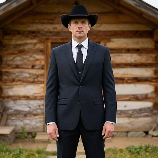 Man in Western Suit by Cabin