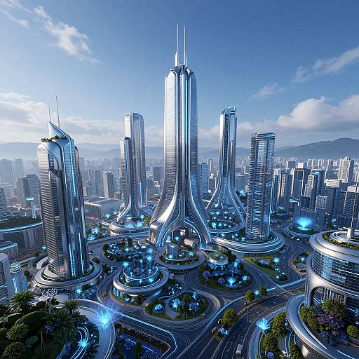 CGI image of a futuristic cityscape with sleek, silver skyscrapers, illuminated blue lights, winding roads, and lush greenery beneath a clear