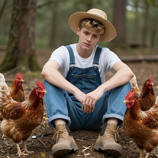Photograph of a young white man in overalls and straw hat, sitting on forest floor with six brown chickens around him.