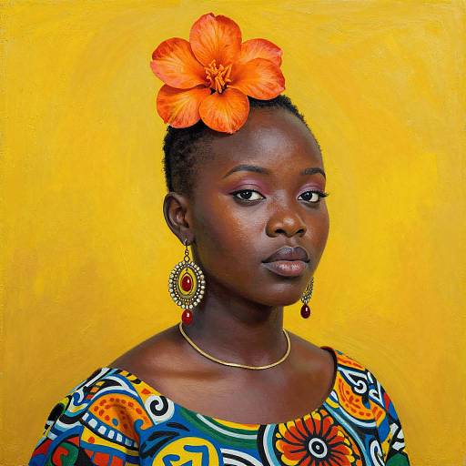 Photograph of a dark-skinned African woman with a bright orange hibiscus flower in her hair, wearing colorful patterned dress, gold necklace