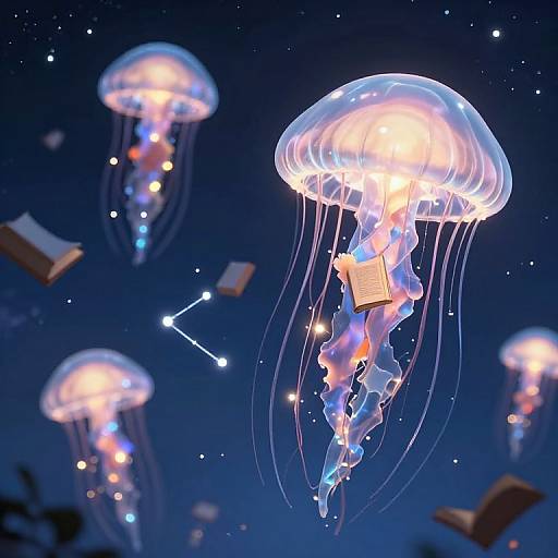 Photograph of glowing, ethereal jellyfish with floating books and stars in a deep blue, starry ocean background.