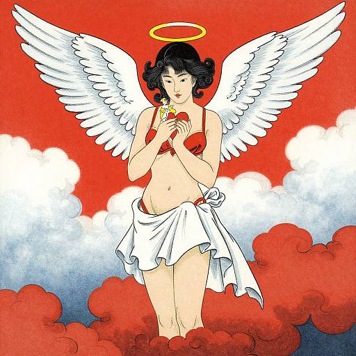 Digital illustration of an angelic Asian woman with black hair, white wings, red halo, red top, white skirt, and holding a yellow rose,