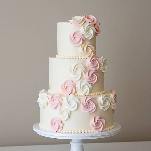 Photograph of a three-tiered white wedding cake adorned with pink and white fondant roses, pearl accents, and a simple white cake stand.