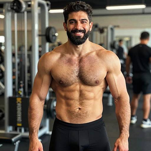 Photograph of a muscular, bearded man with dark hair, smiling, wearing black workout pants, standing in a brightly lit gym.