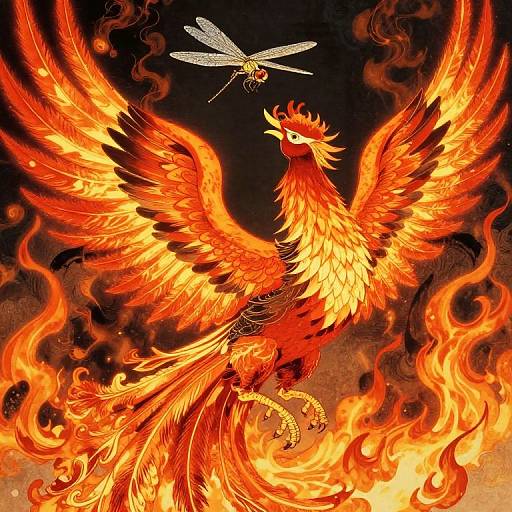 Digital artwork of a fiery, red-orange phoenix with outstretched wings, surrounded by flames, with a dragonfly hovering above its head.