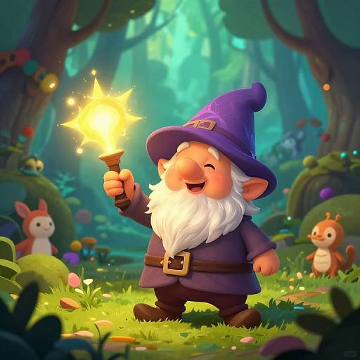 Cartoon wizard with white beard, purple hat, and dark robe holds glowing torch in enchanted forest with squirrels and colorful mushrooms.