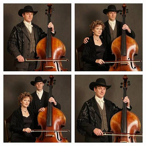 Photograph collage of a man and woman posing with a double bass, dressed in Victorian-style black attire, dark hats, and fringed shawls