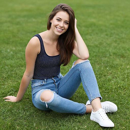 Photograph of a smiling young woman with long brown hair, wearing a black polka-dot tank top, ripped blue jeans, and white sneakers, sitting