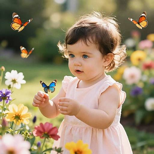 Photograph of a curious toddler in a pink sleeveless dress, surrounded by colorful flowers, with three vibrant butterflies fluttering around.