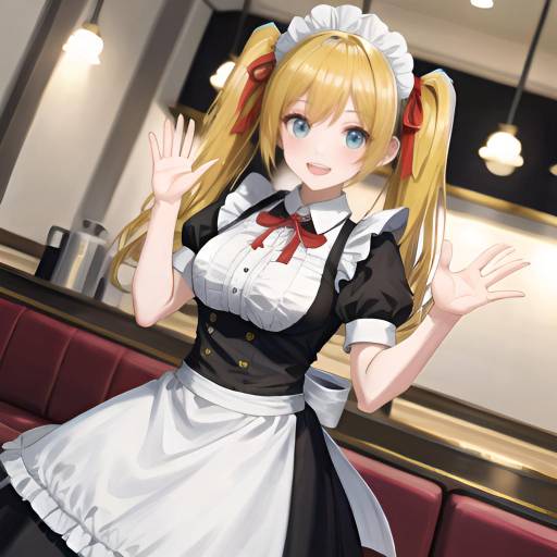 Digital anime-style drawing of a blonde maid with long twin-tails, wearing a black and white uniform, waving in a brightly lit café.
