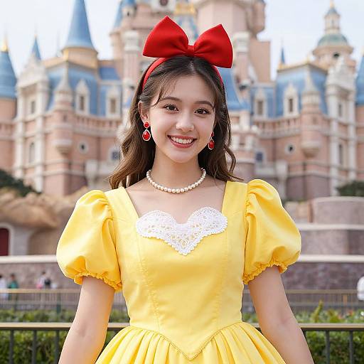 Young Asian girl with long brown hair, red bow, yellow dress, white lace trim, pearl necklace, red earrings, smiling at Disney Castle.