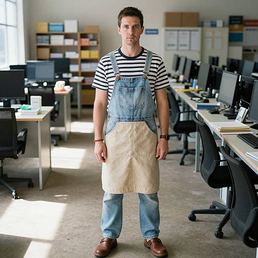 Photograph of a man with short brown hair, wearing a black-and-white striped shirt, blue denim apron, and brown shoes, standing in a