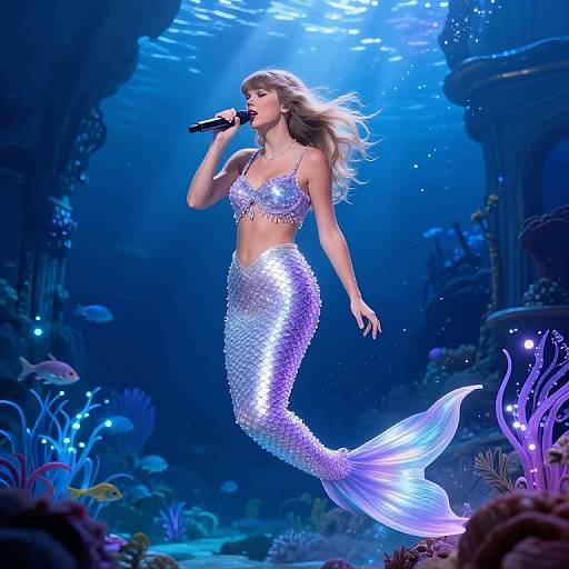 Photograph of a silver mermaid with flowing blonde hair, singing underwater, wearing a sequined top and tail, surrounded by vibrant coral and fish in