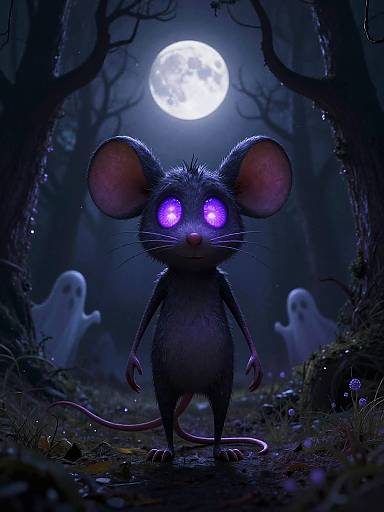 Digital artwork of a glowing purple-eyed, black-furred mouse standing in a dark, spooky forest under a full moon, with two ghostly figures in