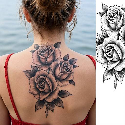 Realistic Rose Tattoo on Woman's Back