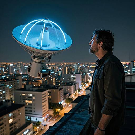 Photograph of a bearded man in a dark shirt, gazing at a glowing blue UFO-like drone against a nighttime cityscape.